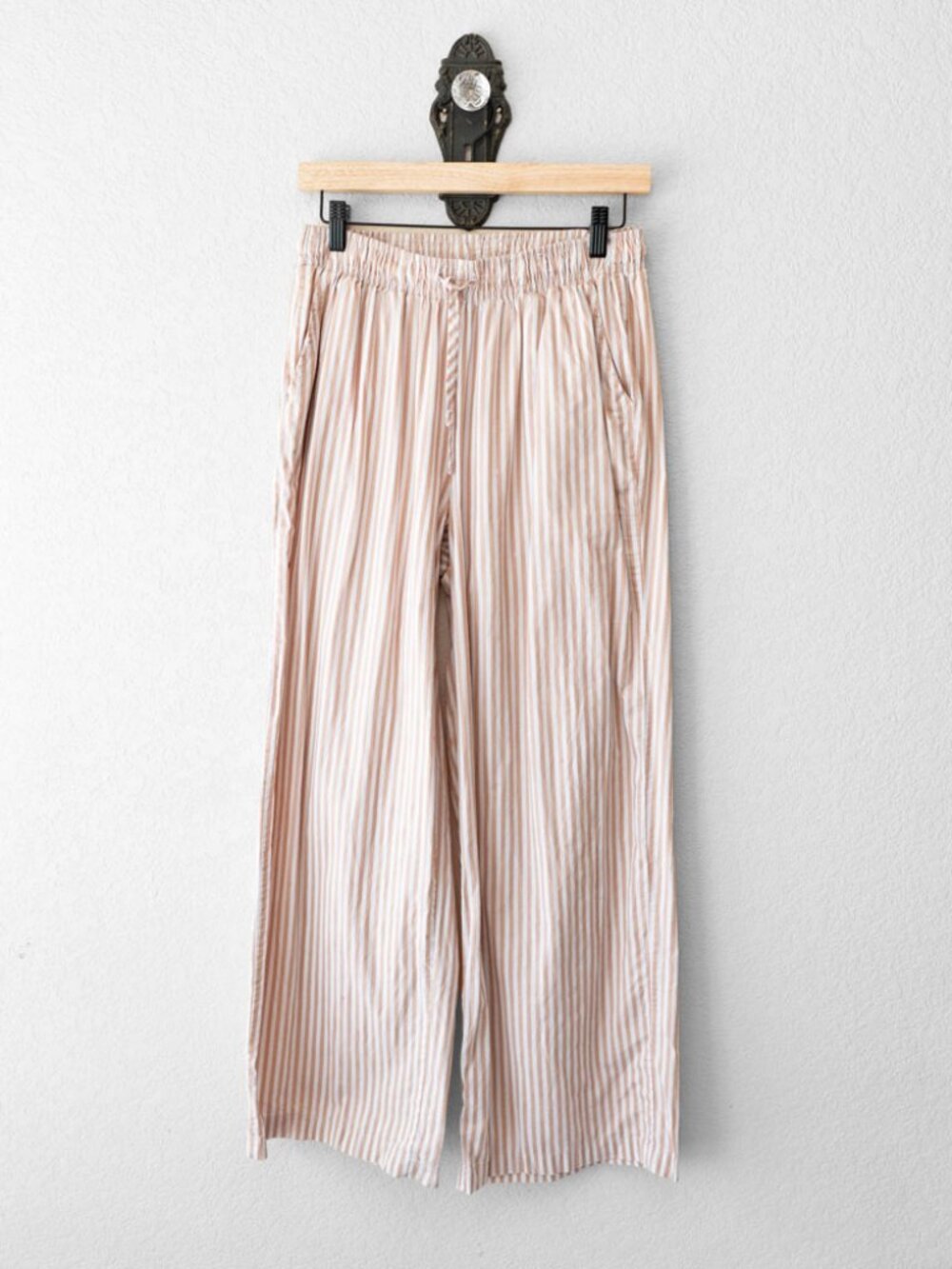 Project Rebel Beige White Stripe Wide Leg Drawstring Pants Large 100% Cotton